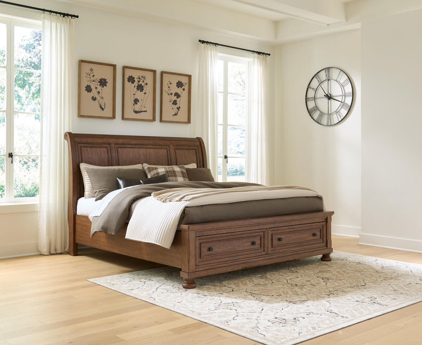 Zackaryn - King Sleigh Storage Bed - Warm Brown